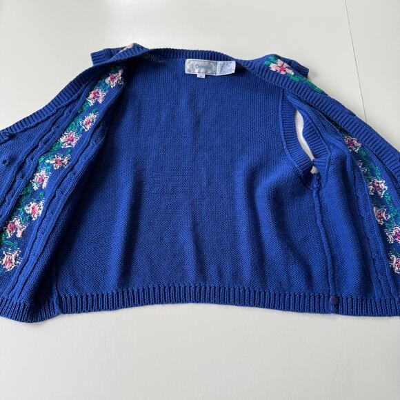 Vintage J. Christopher Sweater Vest Blue Floral Cable Knit Double-Breasted Sz‎ M - Picture 11 of 12